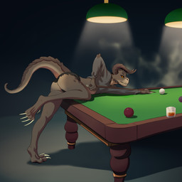 anthro bent_over_table billiard_table bottomwear brown_body brown_scales butt claws clothing crop_top_hoodie femboy finger_claws furniture male red_eyes scales shorts simple_background smoke solo table toe_claws torn_bottomwear torn_clothing torn_shorts kadzukai fallout microsoft ashe_colter deathclaw reptile scalie 1:1 absurd_res hi_res