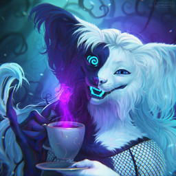 abstract_background anthro big_ears black_body black_fur blue_eyes blue_teeth cheek_tuft clothed clothing container cup facial_tuft fangs female fishnet_clothing fishnet_topwear front_view fur hair holding_container holding_cup holding_mug holding_object long_fingers long_hair looking_at_viewer magic_user mug open_mouth open_smile realistic simple_background smile solo spiral spiral_pupils split_color_body split_color_fur teeth topwear tuft whiskers white_body white_fur white_hair lostgoose cosmokitty domestic_cat felid feline felis mammal 1:1 2022 bust_portrait chromatic_aberration cool_colors dated detailed hi_res icon portrait signature