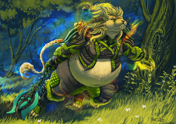 4_ears anthro axe blonde_hair clothed clothing day detailed_background fantasy_weapon forest grass green_eyes hair holding_object holding_weapon male melee_weapon multi_ear outside overweight overweight_anthro overweight_male plant solo tree weapon azsola guild_wars charr felid mammal