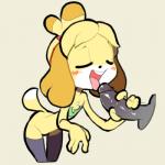 1:1 animal_crossing anthro bottomless canid canine canis clothed clothing domestic_dog duo eyes_closed female genitals handjob isabelle_(animal_crossing) itsunknownanon legwear licking male male/female mammal nintendo oral penile penis penis_lick sex shih_tzu simple_background solo_focus thigh_highs thin_legs thin_thighs tongue tongue_out topwear toy_dog tube_top wide_hips