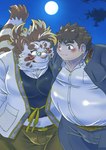 anthro belly belt blush bulge duo eyewear fur glasses male male/male moobs moon overweight smile striped_body striped_fur stripes white_body white_fur kusarikakemono lifewonders tokyo_afterschool_summoners chubby_protagonist_(tas) licho_(tas) protagonist_(tas) felid human mammal pantherine tiger hi_res