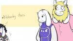 16:9 alternative_fashion anthro asgore_dreemurr asriel_dreemurr azenzeph beard black_hair blonde_hair bone boss_monster_(undertale) bovid caprine child clothed clothing collar comic delta_rune_(emblem) dialogue english_text facial_hair female fur goat goth group hair horn jewelry long_ears male mammal necklace parent_(lore) robe shirt simple_background skull spiked_collar spikes symbol t-shirt tattoo text topwear toriel undertale undertale_(series) white_body white_fur widescreen young