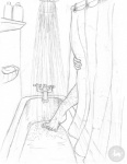 bathtub graphite_(artwork) hairy_legs human male mammal monochrome not_furry pencil_(artwork) sabretoothed_ermine shampoo_bottle shelf shower shower_curtain shower_time silhouette sketch soap solo traditional_media_(artwork)