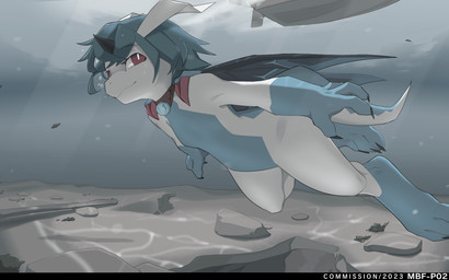 3_toes 4_fingers air_bubble anthro blue_body blue_hair boat collar debris detailed_background feet female fingers gem hair horn light log red_eyes rock solo sunlight swimming tail toes underwater vehicle water watercraft white_body wings wood mbf-p02 mythology sifyro dragon mythological_creature mythological_scalie scalie siphary_dragon 16:10 2023 hi_res widescreen