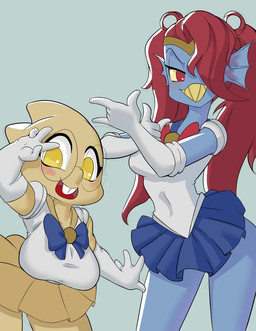 anthro armwear big_breasts blue_background blue_body blue_bottomwear blue_bow blue_clothing blue_scales blue_skirt blush blush_stickers bottomwear breasts buckteeth clothing cosplay duo ear_fins elbow_gloves eyelashes eyewear female fin front_view gesture glasses gloves hair hair_over_eye hand_gesture handwear long_hair looking_at_viewer navel_outline open_mouth red_bow red_eyes red_hair scales sharp_teeth simple_background skirt smile teeth thick_thighs topwear twintails_(hairstyle) v_sign white_clothing white_gloves white_handwear white_topwear wide_hips yellow_body yellow_bottomwear yellow_clothing yellow_eyes yellow_scales yellow_sclera yellow_skirt yellow_teeth the_heking_(artist) sailor_moon_(series) undertale undertale_(series) alphys undyne animal_humanoid aquatic aquatic_humanoid fish fish_humanoid humanoid scalie
