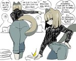 anthro bangs biped blunt_bangs book bottomwear brown_hair bulge butt clothed clothing dialogue group hair hand_on_hip high_waisted_bottomwear holding_book holding_object inner_ear_fluff innuendo library male medium_length_hair pants rear_view speech_bubble sweater text topwear tuft turtleneck cibastion tristan_(cibastion) canid canine canis domestic_dog human mammal english_text hi_res