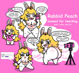 >:( anthro ass_clapping banned big_breasts big_butt blonde_hair blue_eyes bodily_fluids bottomless bottomless_female bouncing_butt breasts butt cellphone clothed clothing crown crying ear_piercing ear_ring electronics featureless_feet feet female female_anthro fur hair headgear huge_butt humor livestream multicolored_body multicolored_fur navel navel_piercing nude nude_anthro nude_female overweight phone piercing ring_piercing shortstack shortstack_female slightly_chubby slightly_chubby_female smartphone solo tears teeth text tooth_gap twerking two_tone_body two_tone_fur white_body white_fur jaleczu mario_bros mario_plus_rabbids_kingdom_battle nintendo raving_rabbids rayman_(series) ubisoft rabbid_peach lagomorph mammal rabbid 2026 absurd_res comic_sans crossover digital_drawing_(artwork) digital_media_(artwork) english_description english_text hi_res multiple_scenes