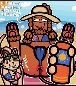 american_flag_bikini anus australian_flag_bikini beach bikini brown_body brown_fur butt cigarette clothing female female/female first_person_view flag_bikini flag_swimwear freckled_butt freckles fur genitals group hat headgear headwear human_pov multicolored_body multicolored_fur pawpads possession pov_hands requesting seductive sunscreen swimwear tan_body tan_fur text trio two-piece_swimsuit vulva y_anus conditional_dnp mykendyke bow_wow_(mykendyke) cheesepuff_(mykendyke) tammy_(mykendyke) canid canine canis domestic_cat domestic_dog felid feline felis human mammal poodle absurd_res hi_res