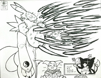 angry anthro big_breasts bodily_fluids breast_punch breast_torture breasts butt clothed clothing dialogue eating ellipsis female fight fire fur gloves_(marking) hitting indifferent japanese leg_markings male markings notched_ear open_mouth punch shadow simple_background size_difference socks_(marking) sweat sweatdrop text unimpressed white_background wide_hips walter_sache asian_mythology bandai_namco digimon east_asian_mythology japanese_mythology level-5 mythology yo-kai_watch jibanyan digimon_(species) domestic_cat felid feline felis imp impmon mammal nekomata renamon yokai 2016 comic dated japanese_text monochrome sketch translated