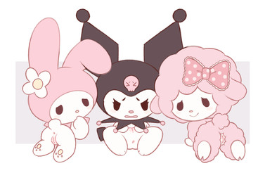 all_fours anthro anus blush butt chibi female flat_chested genitals group nude rear_view sitting spread_legs spreading trio vulva young young_anthro linen_lolita onegai_my_melody sanrio kuromi my_melody my_sweet_piano bovid caprine demon lagomorph leporid mammal rabbit sheep