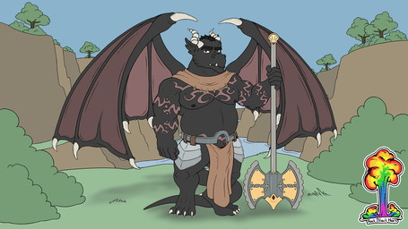 axe barely_visible_genitalia barely_visible_penis bottomwear claws clothing genitals hair loincloth looking_at_viewer male melee_weapon nipples penis solo tail toe_claws warrior weapon wings rockblackhorn_(artist) mythology dragon mythological_creature mythological_scalie scalie 16:9 2020 signature widescreen