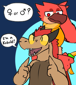 ambiguous_gender armor beak breastplate clothing dialogue duo feathers female_symbol gender_symbol gesture hand_gesture horn humor looking_at_another male_symbol neckwear nude pointing pointing_at_self red_eyes symbol text yellow_eyes trout_(artist) avery_the_kobold bailey_the_bird avian bird kobold scalie alpha_channel english_text hi_res
