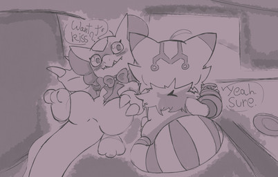 anthro blush bow_tie claws container cup duo embarrassed female female/female frill_(anatomy) furniture smile sofa table tea_cup yogurtpubes bandai_namco digimon digimon_beatbreak digimon_(species) elizamon pristimon absurd_res hi_res