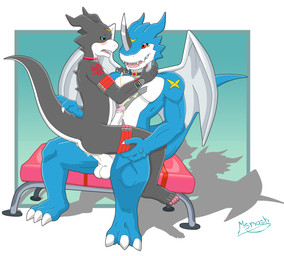 age_difference alternate_color anal anal_penetration anthro anthro_on_anthro anthro_penetrated anthro_penetrating anthro_penetrating_anthro anus balls belly belt biceps big_feet biped blade blue_body blue_eyes blue_skin blush bodily_fluids butt claws collar countershading cum cum_in_ass cum_inside cum_on_belly cum_on_body cum_on_chest cum_on_penis cum_string cum_while_penetrated cumshot dominant duo ejaculation erection fangs feet foreskin from_front_position genital_fluids genitals glans gradient_background grey_body grey_skin grin hands-free horn humanoid_genitalia humanoid_penis larger_dom larger_male leaking leg_grab level_difference male male/male male_on_bottom male_on_top male_penetrated male_penetrating male_penetrating_male markings mastery_position membrane_(anatomy) membranous_wings muscular muscular_male nude older_male on_bottom on_top open_mouth orange_markings orgasm partially_retracted_foreskin pecs penetration penile penile_penetration penis penis_in_ass penis_size_difference precum red_eyes red_markings retracted_foreskin scales sex simple_background sitting size_difference size_play smaller_male smaller_on_top smaller_penetrated smile spread_legs spreading straddling string tail teeth toe_claws tongue white_belly white_body white_skin wings yellow_body yellow_skin younger_male younger_penetrated meteorsmash bandai_namco digimon fakemon mythology digimon_(species) dragon exveemon flamedramon mythological_creature mythological_scalie scalie