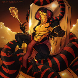 abs anthro black_body black_scales bottomwear chair claws clothing furniture jewelry loincloth long_tail male mostly_nude muscular muscular_anthro pecs red_body red_claws red_scales ring scales scepter sitting snake_hood solo tail throne treasure yellow_body yellow_scales spicynoodleart disney disney's_aladdin jafar_(disney) cobra reptile scalie snake 1:1 2025 hi_res signature