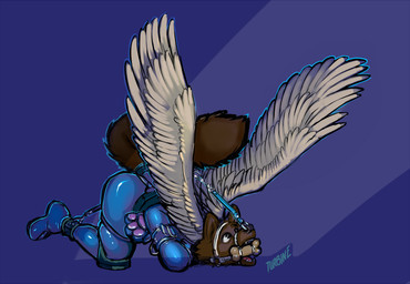 anthro bdsm bit_gag black_nose blue_background bondage bone bone_gag bound brown_body brown_fur facial_piercing feathered_wings feathers fur gag gagged gimp_suit glistening halter harness harness_bit_gag harness_gag latex male muzzle_(object) muzzled nose_piercing nose_ring open_mouth petplay piercing restraints ring_piercing roleplay simple_background solo spreader_bar spreading submissive submissive_male text white_body white_feathers wings turbinedivinity jdmj90 canid canine canis mammal wolf 2015 digital_media_(artwork) english_text