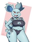 anthro bell bell_collar big_breasts black_clothing blue_body breasts cat_lingerie choker clothing collar female jewelry lingerie necklace pawprint_clothing pose red_eyes short_stack simple_background smile smiling_at_viewer solo thick_thighs tongue tongue_out sspore nintendo pokemon generation_1_pokemon meowth nidorina pokemon_(species) absurd_res digital_drawing_(artwork) digital_media_(artwork) hi_res pinup