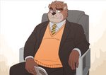 anthro blush bottomwear brown_body brown_fur clothing eyewear fur glasses humanoid_hands kemono male necktie overweight overweight_anthro overweight_male pants shirt sitting solo topwear ryuta-h bear mammal 2016