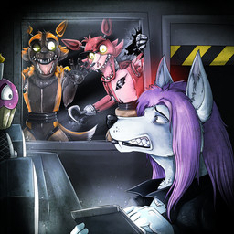 anthro dark eye_patch eyewear female glowing glowing_eyes group hair hook machine male tablet teeth yellow_eyes foxyofthepiratecove five_nights_at_freddy's scottgames cupcake_(fnaf) fan_character foxy_(fnaf) animatronic canid canine fox mammal robot 1:1