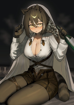 5_fingers big_breasts blush bodily_fluids bottle bottomwear breasts brown_hair clothing container cup drinking_glass drooling female fingers freckles glass glass_container glass_cup hair holding_bottle holding_container holding_object legwear looking_at_viewer open_mouth pantyhose saliva shirt shorts sitting solo tail topwear wine_glass sanzuitaroh arknights hypergryph studio_montagne robin_(arknights) animal_humanoid humanoid mammal mammal_humanoid procyonid procyonid_humanoid raccoon_humanoid 2025 absurd_res digital_media_(artwork) hi_res