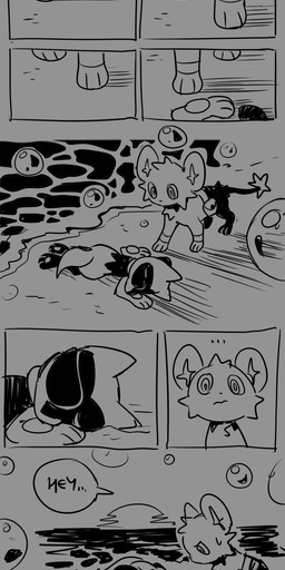 10_panel_comic ambiguous_gender anthro bag beach biped black_nose black_text bodily_fluids bubble day dialogue duo ellipsis eyes_closed feral fur looking_at_another lying motion_lines mouth_closed on_front on_ground outside paws quadruped sand sea shadow sound_effects speech_bubble standing sun sweat sweatdrop tail talking_to_another text water flavia-elric nintendo pokemon pokemon_mystery_dungeon spike_chunsoft derek_(flavia-elric) shen_(flavia-elric) generation_4_pokemon pokemon_(species) riolu shinx 2025 absurd_res comic english_text hi_res monochrome