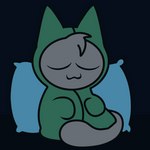 :3 black_background cloak clothing colored-in eyes_closed green_cloak green_clothing grey_body grey_tail happy male pillow simple_background sleeping solo tail gooblie_2 isaac_(gooblie_ii) domestic_cat felid feline felis mammal 1:1 colored