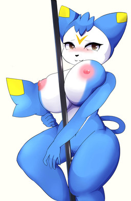 anthro areola big_breasts blue_body blue_fur blush breasts dancing female fur genitals nipples pole pole_dancing solo tail vulva white_body white_fur yellow_eyes roco_kingdom dimo_(roco_kingdom) unknown_species