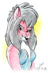 anthro black_eyebrows black_hair black_nose blue_clothing breasts cleavage clothed clothing eyebrows female fur hair long_hair looking_at_viewer narrowed_eyes nipple_outline pink_inner_ear red_body red_fur simple_background snout solo whiskers herbie_bearclaw canid canine fox mammal red_fox true_fox 2000 bust_portrait colored_pencil_(artwork) colored_sketch pen_(artwork) portrait shaded signature sketch traditional_media_(artwork)