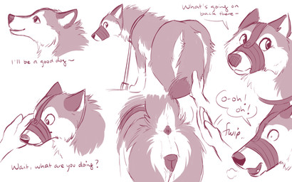 anatomically_correct anatomically_correct_genitalia anatomically_correct_vulva animal_genitalia animal_vulva anus bdsm bondage bound canine_genitalia canine_vulva collar dialogue digitigrade dipstick_tail disembodied_hand duo female feral fur genitals leash markings multicolored_body multicolored_fur multicolored_tail muzzle_(object) muzzled nervous questionable_consent solo_focus speech_bubble surprised tail tail_aside tail_markings talking_feral text two_tone_body two_tone_fur vulva paper-wings canid canine canis mammal wolf 16:10 absurd_res english_text hi_res monochrome sequence sketch widescreen