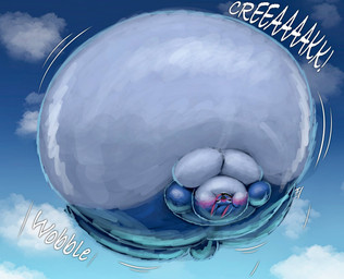 anthro belly big_belly bloated blue_body blue_fur blush cloud fur huge_belly hyper hyper_belly inflation male midair motion_lines nude open_mouth sky skyscape smile solo sound_effects tail teeth text tongue tongue_out ian-exe disney lilo_and_stitch stitch_(lilo_and_stitch) alien experiment_(lilo_and_stitch) 2026 hi_res signature
