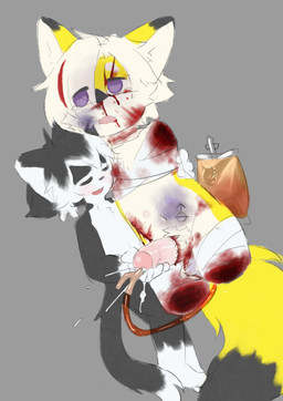 4_missing_limbs amputee anthro bandage blood blood_from_penis bodily_fluids castration catheter catheter_in_urethra cock_and_ball_torture cum death dipstick_tail disability duo foreskin fur genital_fluids genital_mutilation genital_torture genitals gore gore_focus hair handjob iv_bag male markings medical_instrument mutilation nosebleed penectomy penile penis quadruple_amputee scientific_instrument sex simple_background snuff surgical_suture tail tail_markings white_hair yellow_body yellow_fur mikanishi mika_(mikanishi) canid canine domestic_cat felid feline felis fox mammal absurd_res hi_res