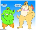 2018 absurd_res anthro avian beak belly big_belly big_breasts bikini bird bodily_fluids bottomwear breasts brown_eyes clothing deep_navel demon dessert digital_media_(artwork) doughnut drooling duo eating english_text feathers female flat_colors food green_body green_feathers hi_res huge_breasts huge_thighs mayla_(starknight321) musclegut muscular muscular_anthro muscular_female navel non-mammal_breasts obese obese_anthro obese_female open_mouth overweight overweight_anthro overweight_female pastry saliva shorts speech_bubble stuffing swimwear text thick_thighs topwear torn_bottomwear torn_clothing torn_topwear two-piece_swimsuit vepz_(starknight321) viroveteruscy wings