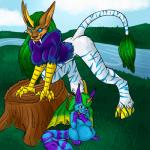 cloven_hooves cookie duo female feral food fur grass hair hooves horn multicolored_horn paws plant rainbow_horn river scuted_arms scutes smile tail tree tree_stump wings yellow_eyes yellow_hooves amocin socha avian bird equid felid hybrid mammal 1:1 2010 digital_media_(artwork)