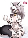 5_fingers animal_print animal_print_bikini animal_print_thigh_highs anthro bell bell_collar big_breasts bikini breasts bridle cheek_tuft clothing collar container cow_print cow_print_bikini cow_print_elbow_gloves cow_print_thigh_highs ear_piercing ear_ring eyebrows eyelashes facial_tuft female fingers fur glass glass_container glass_of_milk grey_body grey_fur grey_hair hair half-closed_eyes holding_glass holding_object inner_ear_fluff legwear long_hair looking_at_viewer milk milk_container multicolored_body multicolored_fur nails narrowed_eyes navel notched_ear pattern_bikini pattern_clothing pattern_legwear pattern_swimwear pattern_thigh_highs piercing red_sclera ring_piercing sharp_nails sitting solo spiked_collar spikes swimwear text thigh_highs tuft two-piece_swimsuit two_tone_body two_tone_fur white_body white_eyes white_fur bronybran helluva_boss mythology loona_(helluva_boss) canid canid_demon canine demon hellhound mammal mythological_canine mythological_creature 2025 artist_name hi_res