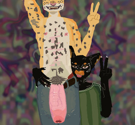 abstract_background anthro belt big_penis black_body black_fur body_hair clothing duo female foreskin fur genitals gesture green_clothing green_shirt green_topwear hand_gesture head_against_belly hug huge_penis hugging_another hugging_waist male male/female markings multiple_piercings nipples open_belt penis piercing raised_arm shirt shirtless_male smile spots spotted_body tongue tongue_out topwear v_sign vein veiny_penis yellow_body yellow_fur guypersonmanguyman canid canine canis dobermann domestic_dog felid jaguar mammal pantherine pinscher nose digital_drawing_(artwork) digital_media_(artwork) hi_res