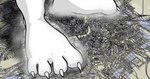 4_toes ambiguous_gender anthro big_feet biped bird's-eye_view city city_destruction claws destruction feet foot_shot fur high-angle_view macro paws plantigrade solo standing toe_claws toes white_body white_fur tyrnn conejito lagomorph leporid mammal rabbit colored story story_in_description
