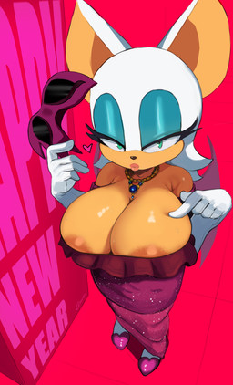animal_ears anthro areola areola_slip big_areola big_breasts biped breasts clothed clothing dress eyelashes female fingers glistening glistening_body hand_on_breast high-angle_view huge_breasts pupils simple_background solo standing thick_thighs white_head wide_hips cranihum sega sonic_the_hedgehog_(series) rouge_the_bat bat mammal 2025 hi_res
