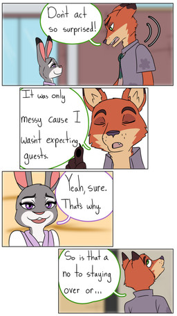 anthro blurred_background dialogue duo female fur grey_body grey_fur male orange_body orange_fur pointy_ears rabbit_ears text hahstudios disney zootopia judy_hopps nick_wilde canid canine european_rabbit fox lagomorph leporid mammal oryctolagus rabbit red_fox true_fox comic english_text