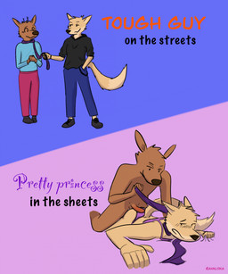anthro clothing dominant dominant_male duo femboy humor male male/male pink_clothing pink_underwear scarf text underwear ravalska poro_alska rav_alska canid canine deer fox mammal english_text hi_res