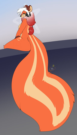 anthro big_tail brown_body brown_fur butt eyewear female fur glasses green_eyes hair long_tail looking_at_viewer looking_back looking_back_at_viewer nude round_glasses sitting solo tail white_hair maynara velvet_(maynara) mammal mephitid skunk 2025 absurd_res digital_media_(artwork) hi_res