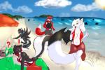 anthro beach bikini clothed clothing detailed_background female fur group hair long_hair male open_mouth outside running sand sea seaside sky smile swimwear two-piece_swimsuit water malikfoxen alures_tatham_(stealthgreyblade) jake_prower mike_fox nuaha_malia_blackshire snowy_(yuki-the-fox) canid canine canis fox mammal mephitid skunk wolf 2015 3:2 hi_res