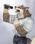 5_fingers anthro brown_body brown_fur claws clothed clothing countershade_face countershade_fur countershading electronics fangs fingers fur holding_microphone holding_object male microphone muscular open_mouth shirt singing solo tail teeth tongue topwear rossciaco vtuber ogami_aratsuka canid canine canis mammal wolf hi_res