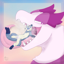 belly_nipples blue_body blue_eyes blue_fur blue_inner_ear blue_sclera blush body_in_mouth breath collar feathers female feral fluffy fur genitals imminent_vore long_tongue looking_pleasured lying male male_on_feral narrowed_eyes nipples on_back on_tongue open_mouth pink_tongue purple_blush purple_body purple_collar purple_eyes purple_feathers purple_nipples purple_tongue purple_vulva snout teeth tongue tongue_out vulva whiskers white_body white_feathers white_fur disotakyu mythology nintendo pokemon allium_(alliummarten) disotakyu_(disotakyu) fan_character aquatic cetacean dragon generation_2_pokemon gulonine legendary_pokemon lugia mammal marten mustelid musteline mythological_creature mythological_scalie pokemon_(species) scalie shiny_pokemon 1:1 2026 absurd_res digital_drawing_(artwork) digital_media_(artwork) hi_res shaded soft_shading