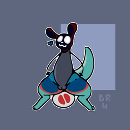 :3 anthro egg female genitals heart_symbol multicolored_body semi-anthro simple_background sitting sitting_on_egg smile solo stick_arms vulva white_eyes white_nose shay_the_bunny rain_world videocult inv_(rain_world) slugcat 1:1 hi_res