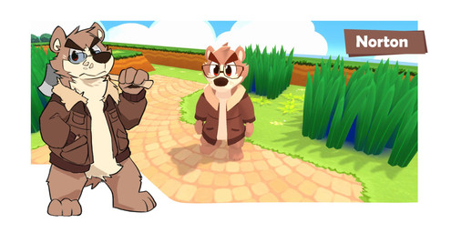 anthro axe clothed clothing cloud eyewear freckles fur game_screen glasses grass hand_in_pocket head_tuft jacket looking_at_viewer male melee_weapon multicolored_body multicolored_fur partially_clothed plant pockets sky solo text topwear tuft tufted_fur weapon al-cat tardor bear mammal 2022 3d_(artwork) character_name concept_art digital_media_(artwork) hi_res