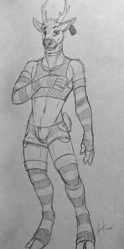 anthro antlers armwear bottomwear clothed clothing crossdressing ear_piercing ear_tag femboy fishnet_clothing fishnet_topwear front_view hair horn hotpants legwear looking_at_viewer male male_anthro mouth_closed pattern_armwear pattern_clothing pattern_legwear piercing scut_tail short_hair short_tail shorts simple_background slim_anthro slim_male solo standing striped_armwear striped_clothing striped_legwear stripes tail topwear hufnaar deer mammal 2017 dated full-length_portrait monochrome portrait sketch traditional_media_(artwork)