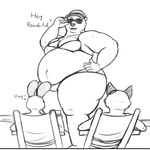 5_fingers anthro belly big_belly bikini bikini_bottom bikini_top breasts chair cleavage clothed clothing dialogue eyewear female fingers furniture group hand_on_hip hat headgear headwear holding_eyewear holding_object holding_sunglasses male navel obese obese_anthro obese_female open_mouth outside overweight overweight_anthro overweight_female side_view sunglasses swimwear text thick_thighs trio two-piece_swimsuit oystercatcher7 disney zootopia judy_hopps major_friedkin nick_wilde bear canid canine fox lagomorph leporid mammal polar_bear rabbit red_fox true_fox ursine 1:1 2021 hi_res monochrome