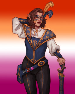 5_fingers badge bent_arm black_bottomwear black_clothing black_pants blue_clothing blue_mask blue_topwear blue_vest bottomwear brown_eyes brown_hair clothed clothed_female clothed_humanoid clothing ear_piercing ear_ring fanny_pack female female_humanoid fingers fully_clothed fully_clothed_female fully_clothed_humanoid hair hand_behind_head humanoid_pointy_ears lesbian_pride_colors lgbt_pride light lips lute medium_hair musical_instrument not_furry pants piercing pink_lips plucked_string_instrument pointy_ears pride_color_background pride_colors ring_piercing shirt simple_background smile solo standing string_instrument tan_body tan_skin text topwear vest white_clothing white_shirt white_topwear teethjarz dead_by_daylight dungeons_and_dragons hasbro my_chemical_romance wizards_of_the_coast aestri_yazar elf humanoid 2025 artist_name colored crossover digital_drawing_(artwork) digital_media_(artwork) english_description hi_res lighting portrait shaded three-quarter_portrait