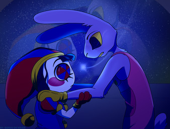 4_fingers anthro anthro_on_anthro arm_grab arm_tuft big_pupils blush clothing dilated_pupils ear_tuft elbow_tuft eye_contact female fingers hand_on_shoulder jester larger_male looking_at_another male neck_tuft pupils size_difference sky smaller_female standing star starry_sky tuft bardo_en_krisis glitch_productions the_amazing_digital_circus jax_(tadc) pomni_(tadc) humanoid lagomorph leporid mammal rabbit absurd_res hi_res tagme