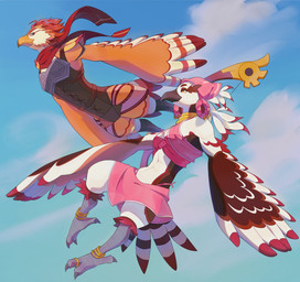 abs anklet anthro armor beak blue_eyes bow_(weapon) breastplate breasts brown_body brown_clothing brown_feathers cleavage clothed clothing digit_ring duo feathers feet female flying jewelry male male/female orange_body orange_feathers pink_clothing ranged_weapon ring scarf sky tail talons toe_ring toes weapon white_body white_feathers yellow_eyes unknown_artist nintendo the_legend_of_zelda colette_(rito) zane_(rito) avian rito hi_res